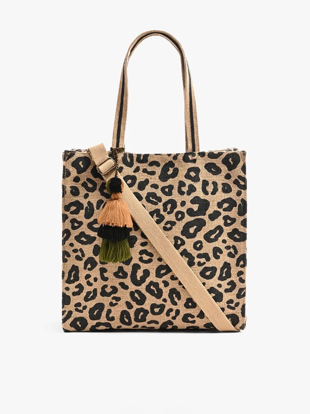 America and Beyond Leopard Print Tote Bag with Tassel Charm - Beige/Black